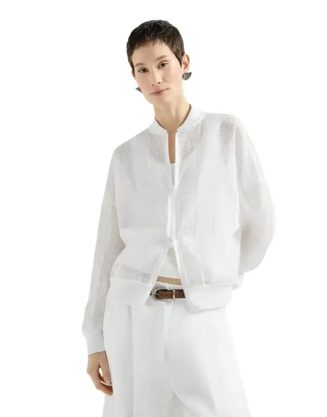 Brunello Cucinelli Cotton organza broderie anglaise bomber jacket with zip and monili