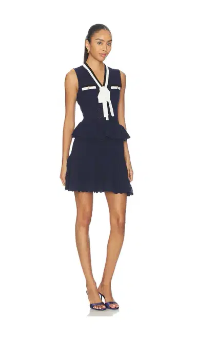 Self-Portrait Navy Peplum Pointelle Knit Mini Dress | Thumbnail 2 Self-Portrait Navy Peplum Pointelle Knit Mini Dress | Thumbnail 2