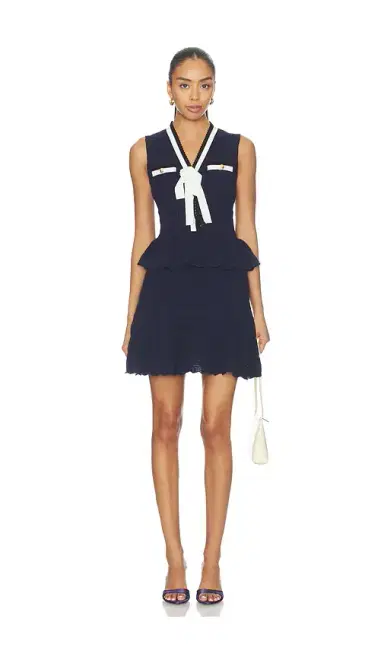 Self-Portrait Navy Peplum Pointelle Knit Mini Dress | Thumbnail 1 Self-Portrait Navy Peplum Pointelle Knit Mini Dress | Thumbnail 1