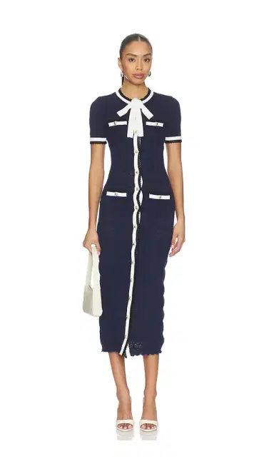 Self-Portrait Navy Pointelle Knit Midi Dress | Thumbnail 2 Self-Portrait Navy Pointelle Knit Midi Dress | Thumbnail 2