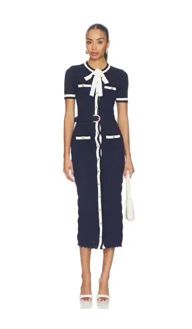 Self-Portrait Navy Pointelle Knit Midi Dress | Thumbnail 1 Self-Portrait Navy Pointelle Knit Midi Dress | Thumbnail 1
