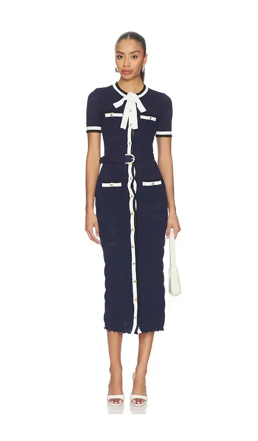 Navy Pointelle Knit Midi Dress