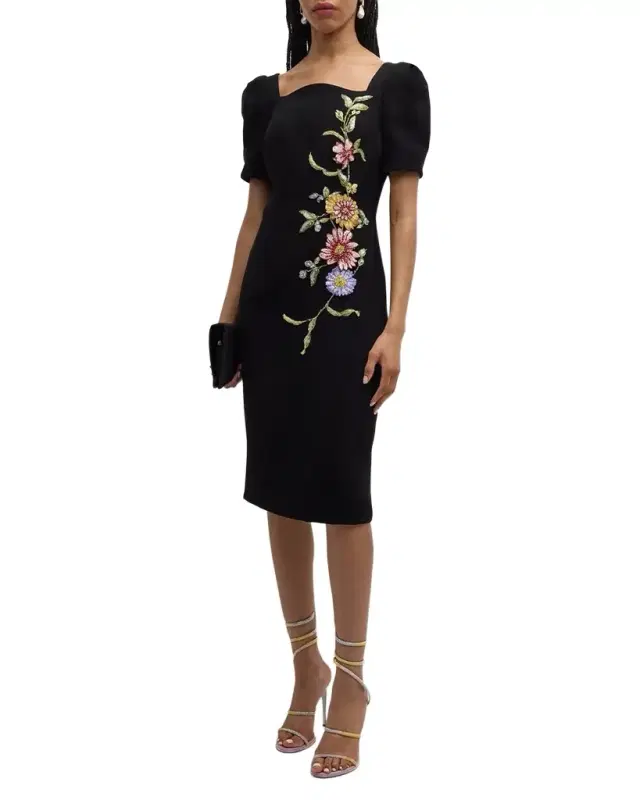 Rickie Freeman for Teri Jon Puff-Sleeve Floral Applique Dress