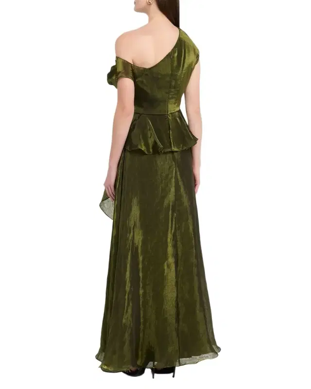 Avalina Draped Organza Lame Peplum Gown