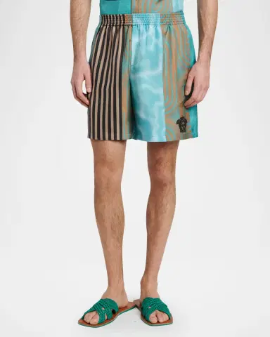 Versace Men's Floating Abstract Silk Twill Pull-On Shorts | Thumbnail 2