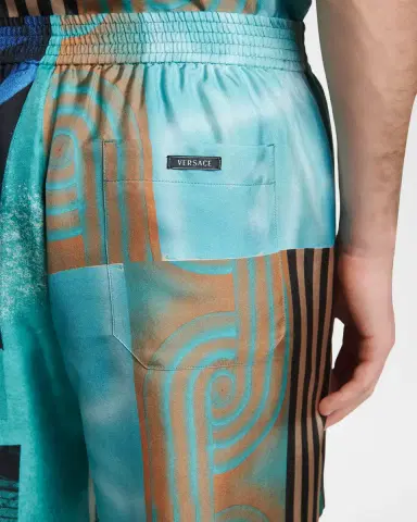 Versace Men's Floating Abstract Silk Twill Pull-On Shorts | Thumbnail 3