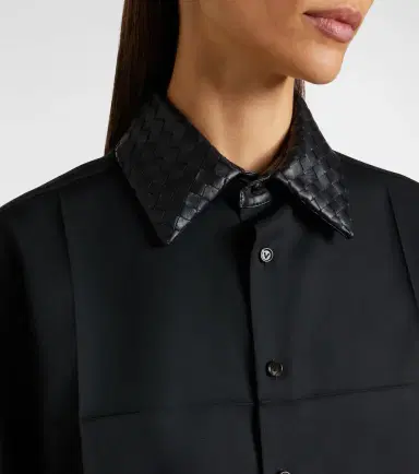 Bottega Veneta Intrecciato leather-trimmed wool shirt | Thumbnail 3 Bottega Veneta Intrecciato leather-trimmed wool shirt | Thumbnail 3