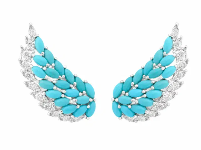 Wish Fine Jewelry 3.78ct Diamond Turquoise 14K Gold Wing Climber Earrings