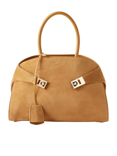 Ferragamo Hug Small Embellished Leather-trimmed Suede Tote | Thumbnail 1 Ferragamo Hug Small Embellished Leather-trimmed Suede Tote | Thumbnail 1