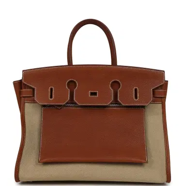 HERMÈS Hermes Birkin 35 A L'Envers Ficelle-Ecru H Dyed Canvas and Fauve Barenia Faubourg Palladium Hardware | Thumbnail 1
