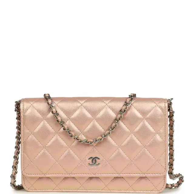 Chanel Pre-owned Chanel Classic Wallet On Chain Pink Iridescent Calfskin Silver Hardware