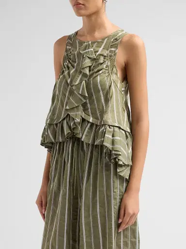 Cinq à Sept Women's Azura Striped Ruffled Sleeveless Top - Olive Noir - Size XL | Thumbnail 4