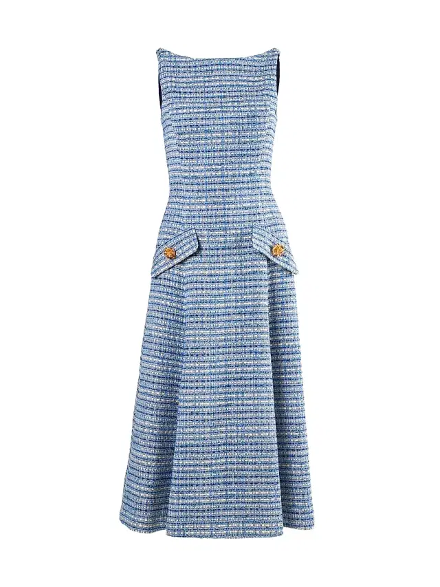 Women's Tweed Sleeveless Midi-Dress - Blue Multi