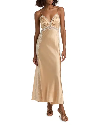 LoveShackFancy Women's Shia Lace-Trim Silk-Blend Slipdress - Pale Gold - Size 14 | Thumbnail 3