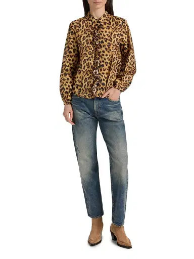 R13 Women's Leopard-Print Ruffle-Trim Cotton Blouse - Yellow Cheetah - Size XS | Thumbnail 2 R13 Women's Leopard-Print Ruffle-Trim Cotton Blouse - Yellow Cheetah - Size XS | Thumbnail 2