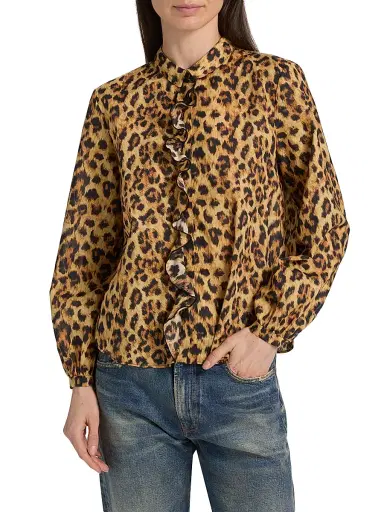 R13 Women's Leopard-Print Ruffle-Trim Cotton Blouse - Yellow Cheetah - Size XS | Thumbnail 3 R13 Women's Leopard-Print Ruffle-Trim Cotton Blouse - Yellow Cheetah - Size XS | Thumbnail 3