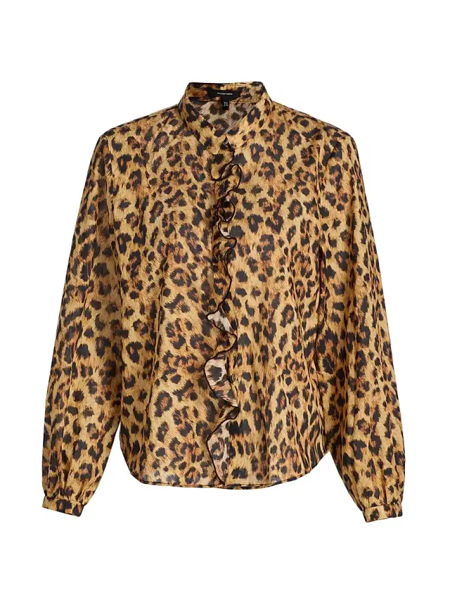 R13 Women's Leopard-Print Ruffle-Trim Cotton Blouse - Yellow Cheetah