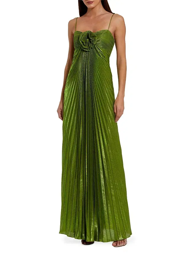 Women's Floral Metallic Pleated Gown - Apple Green