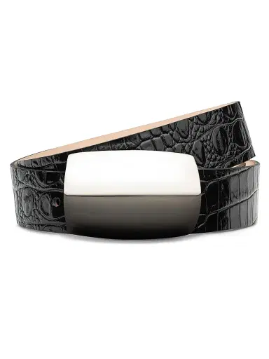 L'AGENCE Women's Milou Croc-Embossed Leather Belt - Black And Silver | Thumbnail 4 L'AGENCE Women's Milou Croc-Embossed Leather Belt - Black And Silver | Thumbnail 4