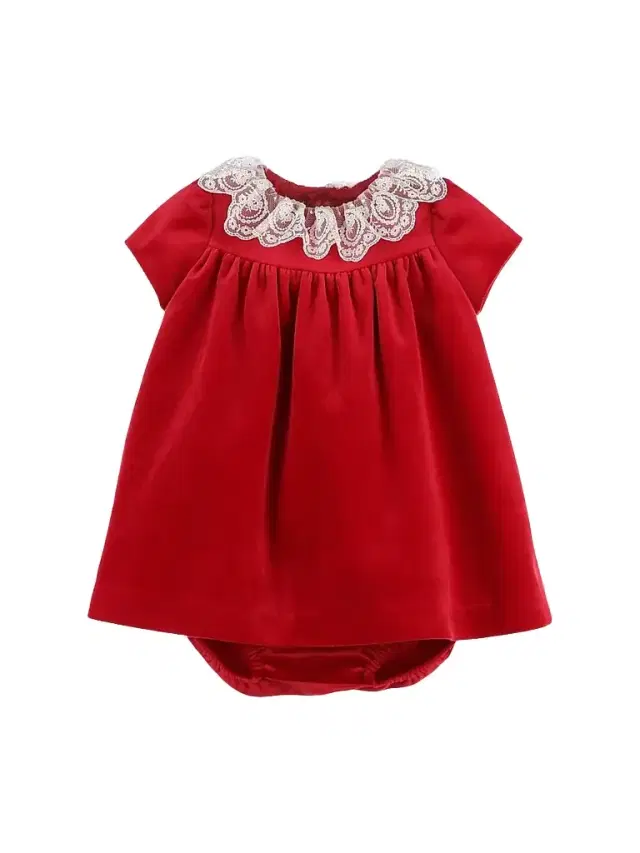 Luli & Me Baby Girl's Velvet Lace-Trimmed Dress & Bloomers Set - Red 24 Months