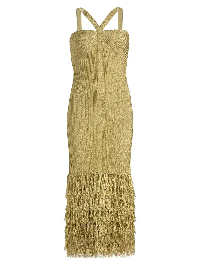 AMUR Women's Rosalina Shimmer Metallic Fringe Midi-Dress - Gold