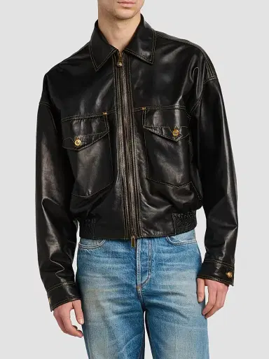 Versace Men's Leather Bomber Jacket - Black - Size 44 | Thumbnail 3 Versace Men's Leather Bomber Jacket - Black - Size 44 | Thumbnail 3