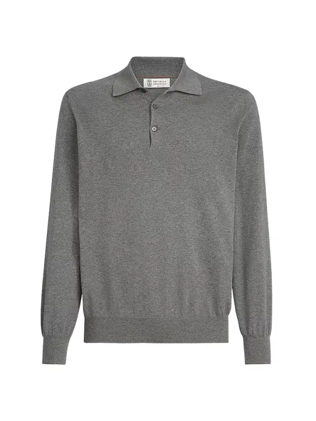 Brunello Cucinelli Men's Cotton Lightweight Knit Polo Shirt - Dark Grey