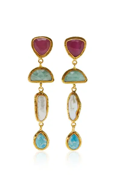 Sylvia Toledano Boucles D Oreille Earrings Cascade Pierre Stone Pink Jasper Amazonite Pearl Larimar | Thumbnail 6