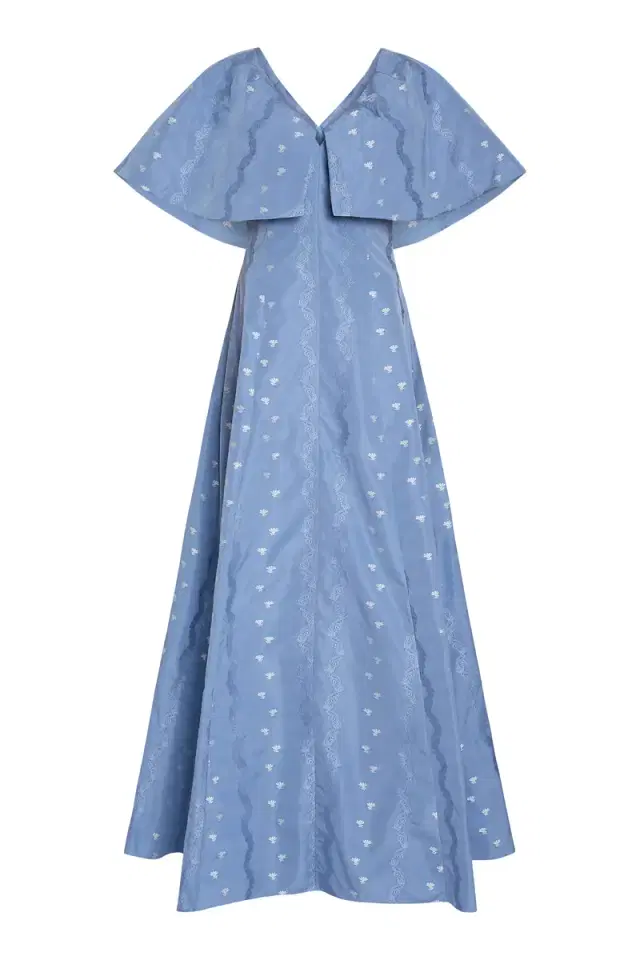 Markarian Eloise Wedgewood Floral Taffeta Capelet Gown