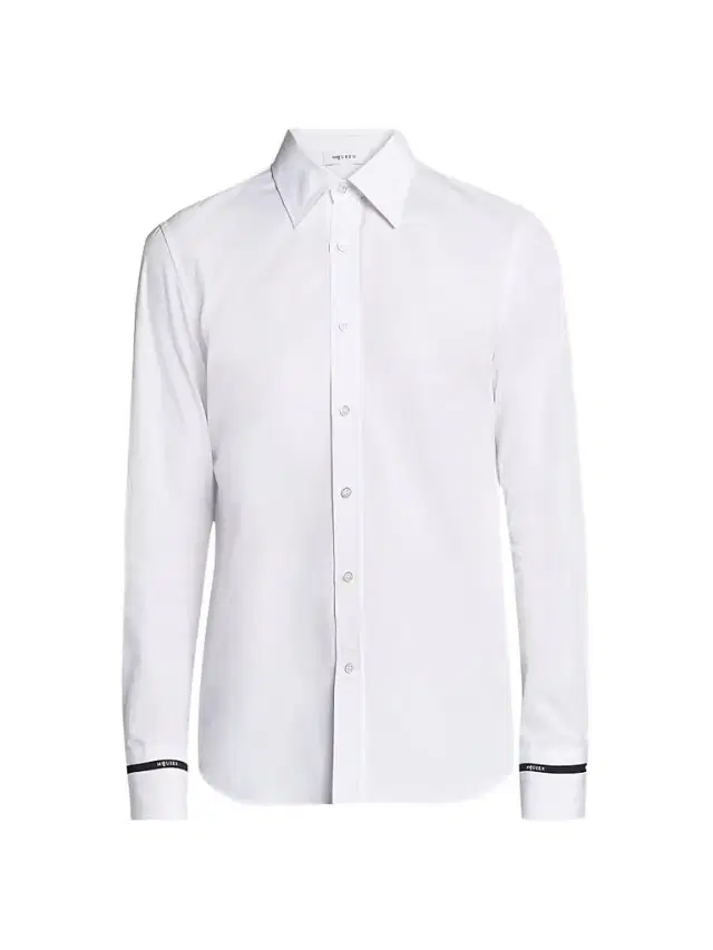 McQueen Men's Logo-Tape Contrast-Cuff Cotton Shirt - Optical White