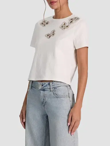 Alice + Olivia Women's Cindy Embellished Cropped Tee - Off White Silver Crystal - Size XL | Thumbnail 4 Alice + Olivia Women's Cindy Embellished Cropped Tee - Off White Silver Crystal - Size XL | Thumbnail 4