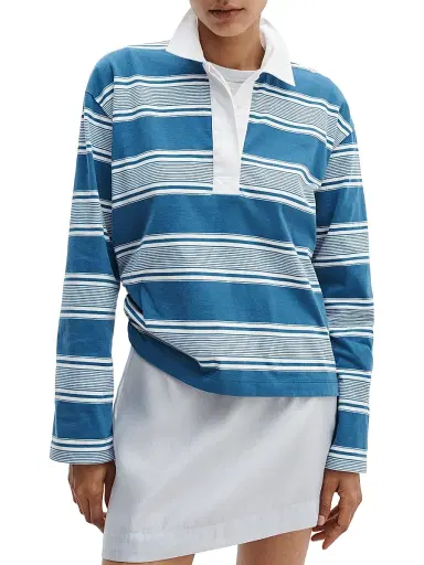 rag & bone Women's Kelly Striped Cotton Long-Sleeve Polo Shirt - Blue Multi - Size XXS | Thumbnail 3
