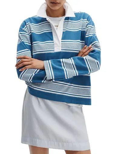 rag & bone Women's Kelly Striped Cotton Long-Sleeve Polo Shirt - Blue Multi - Size XXS | Thumbnail 4