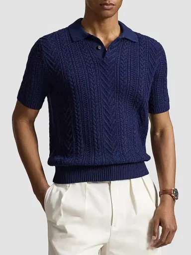 Polo Ralph Lauren Men's Aran-Knit Cotton Polo Sweater - Newport Navy - Size XXL | Thumbnail 4