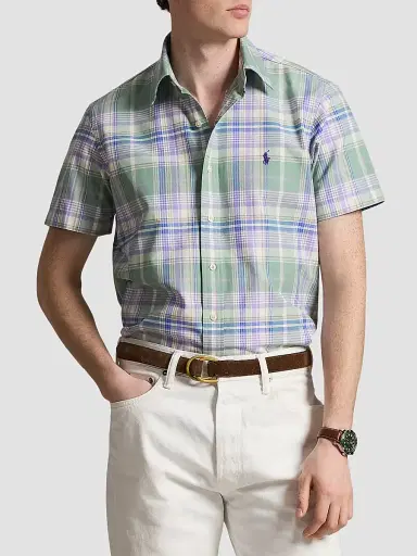 Polo Ralph Lauren Men's Classic-Fit Plaid Short-Sleeve Oxford Shirt - Faded Mint Lavender Multi | Thumbnail 4 Polo Ralph Lauren Men's Classic-Fit Plaid Short-Sleeve Oxford Shirt - Faded Mint Lavender Multi | Thumbnail 4