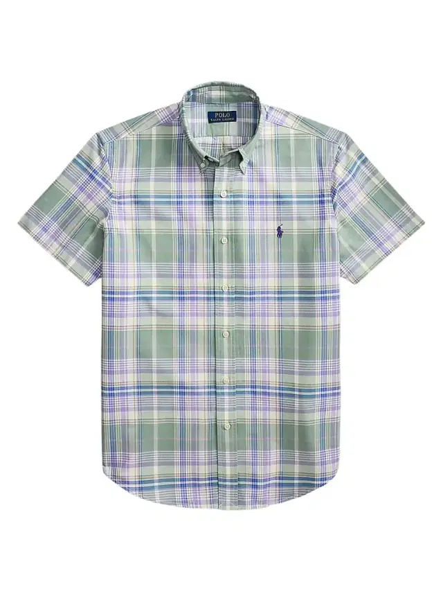 Men's Classic-Fit Plaid Short-Sleeve Oxford Shirt - Faded Mint Lavender Multi