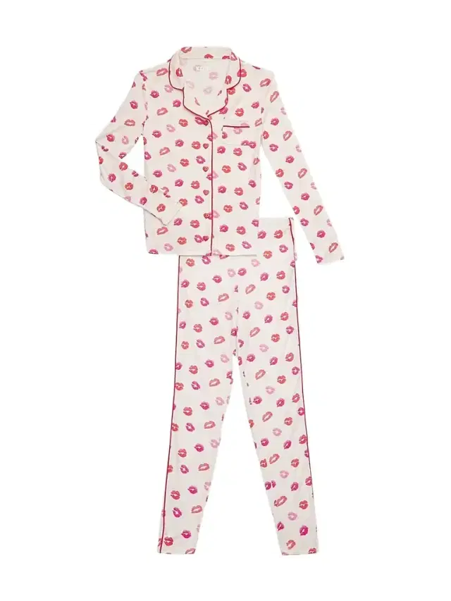KatieJ NYC Girl's Maia Lip-Print Pajama Set - Lip White