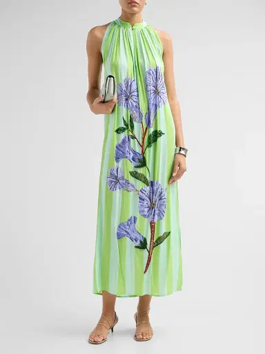 VERANDAH Women's Ammama Hand-Beaded Floral Maxi Dress - Aqua Neelgiri And Stripes - Size Medium | Thumbnail 2 VERANDAH Women's Ammama Hand-Beaded Floral Maxi Dress - Aqua Neelgiri And Stripes - Size Medium | Thumbnail 2