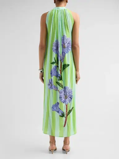 VERANDAH Women's Ammama Hand-Beaded Floral Maxi Dress - Aqua Neelgiri And Stripes - Size Medium | Thumbnail 3 VERANDAH Women's Ammama Hand-Beaded Floral Maxi Dress - Aqua Neelgiri And Stripes - Size Medium | Thumbnail 3