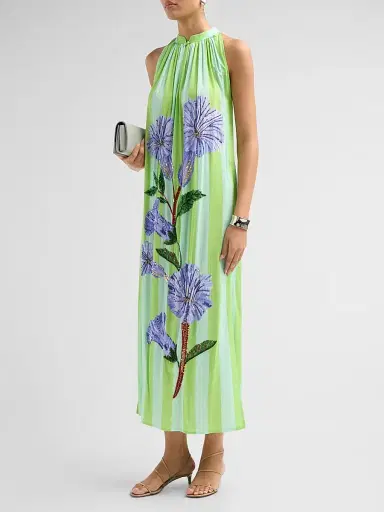 VERANDAH Women's Ammama Hand-Beaded Floral Maxi Dress - Aqua Neelgiri And Stripes - Size Medium | Thumbnail 4 VERANDAH Women's Ammama Hand-Beaded Floral Maxi Dress - Aqua Neelgiri And Stripes - Size Medium | Thumbnail 4