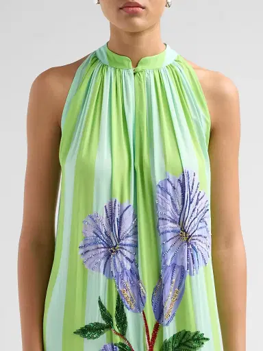 VERANDAH Women's Ammama Hand-Beaded Floral Maxi Dress - Aqua Neelgiri And Stripes - Size Medium | Thumbnail 5 VERANDAH Women's Ammama Hand-Beaded Floral Maxi Dress - Aqua Neelgiri And Stripes - Size Medium | Thumbnail 5