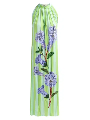 VERANDAH Women's Ammama Hand-Beaded Floral Maxi Dress - Aqua Neelgiri And Stripes - Size Medium | Thumbnail 1 VERANDAH Women's Ammama Hand-Beaded Floral Maxi Dress - Aqua Neelgiri And Stripes - Size Medium | Thumbnail 1