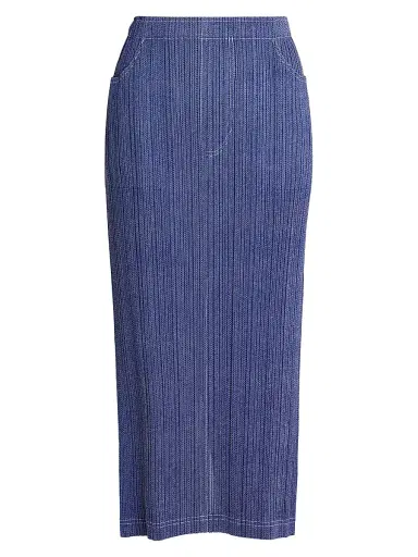 Pleats Please Issey Miyake Women's Denim-Look Plissé Midi-Skirt - Navy - Size Large | Thumbnail 1