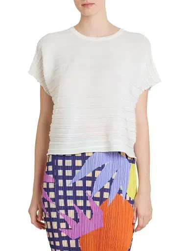 Pleats Please Issey Miyake Women's Step Knit Cotton-Blend Top - Off White | Thumbnail 3