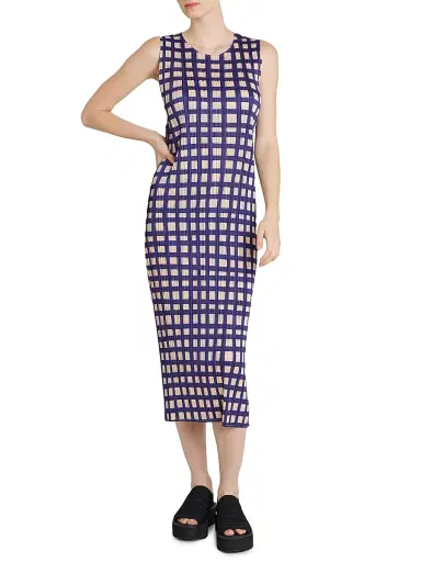 Pleats Please Issey Miyake Women's Basket Printed Plissé Midi-Dress - Navy - Size Large | Thumbnail 3
