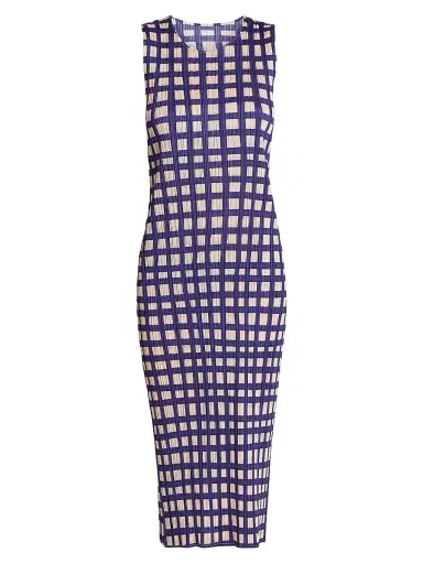Pleats Please Issey Miyake Women's Basket Printed Plissé Midi-Dress - Navy - Size Large | Thumbnail 1