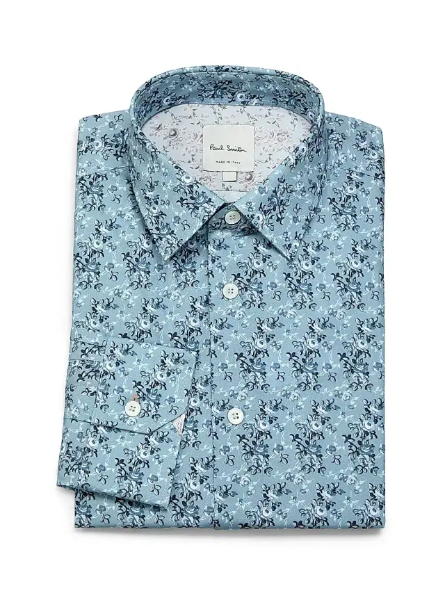 Men's Tailored-Fit Floral Cotton Shirt - Petrol Blue