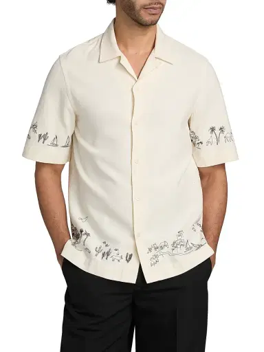 Paul Smith Men's Embroidered-Trim Camp Shirt - Ivory - Size Small | Thumbnail 3
