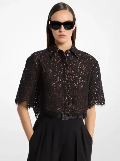 Michael Kors Collection Floral Corded Lace Cropped Shirt in | Thumbnail 2 Michael Kors Collection Floral Corded Lace Cropped Shirt in | Thumbnail 2