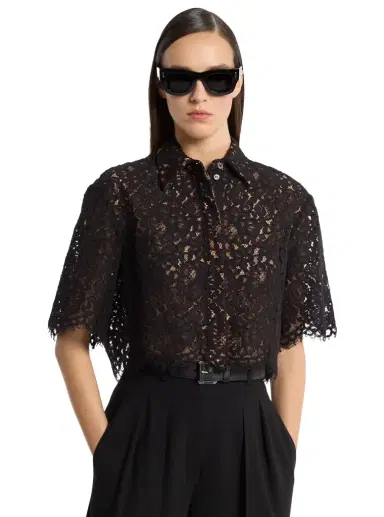 Michael Kors Collection Floral Corded Lace Cropped Shirt in | Thumbnail 1 Michael Kors Collection Floral Corded Lace Cropped Shirt in | Thumbnail 1